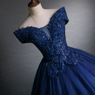 Royal Navy Blue Ball Gown with Off-the-Shoulder Floral Appliques