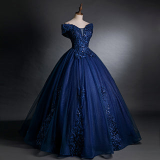 Royal Navy Blue Ball Gown with Off-the-Shoulder Floral Appliques