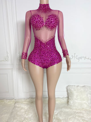 Ships in 1 to 3 Days -Vibrant Sheer High-Neck Beaded Bodysuit with Long Sleeves