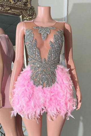 Crystal-Embellished Sheer Mini Dress with Feathered Skirt