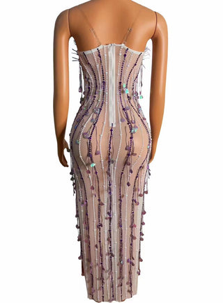 Luxurious Lavender Feather and Sequin Embellished Sheer Midi Dress