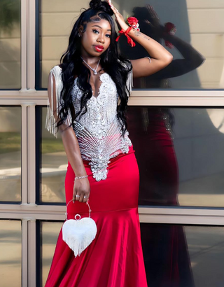 Glamorous Red Mermaid Gown with Beaded Fringe Details