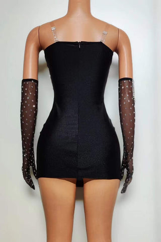 Dazzling Strapless Mini Dress with Crystal Fringe and Gloves