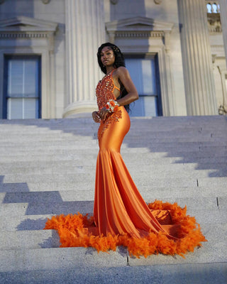 Elegant Orange Satin Mermaid Gown with Beaded Bodice and Feather Trim