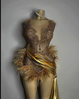 Golden Embellished Mini Dress with Feather Accents and Metallic Train