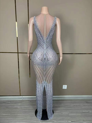 Radiant Silver Rhinestone Mesh Evening Gown