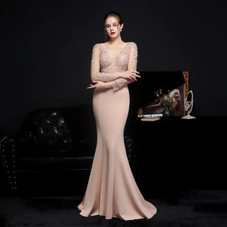 Champagne V-Neck Floor-Length Evening Dress with Mermaid Skirt for Women