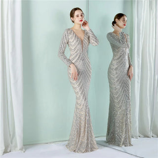 V-Neck Long Sleeve Sequin Prom Dress - Floor-Length Mermaid Formal Evening Gown