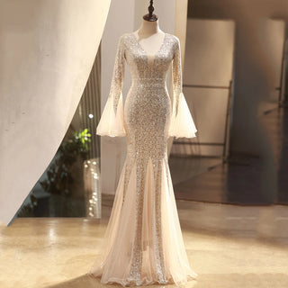 Champagne V-Neck Sequin Mermaid Trumpet Evening Dress - Floor-Length Elegant Prom Gown