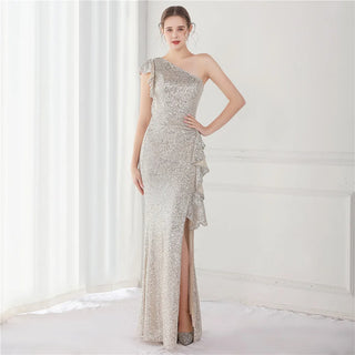 Elegant One-Shoulder Sequin Evening Dress for Weddings and Special Events