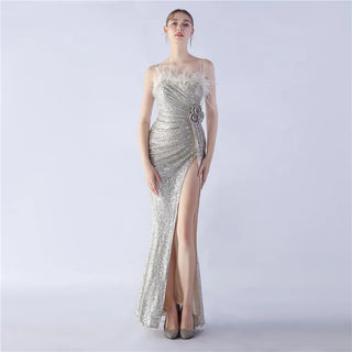 Elegant Sequin Prom Dress with Feather Accents and Floor-Length Mermaid Skirt