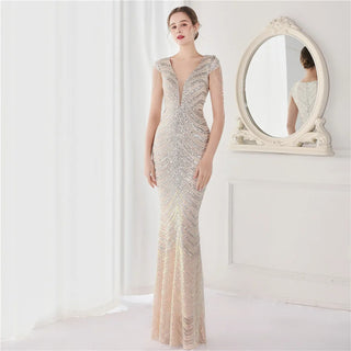 V Neck Prom Dresses Floor-Length Sequin Trumpet Mermaid Evening Gown