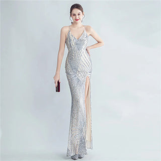 Glamorous V-Neck Sequin Trumpet Mermaid Backless Prom Dress