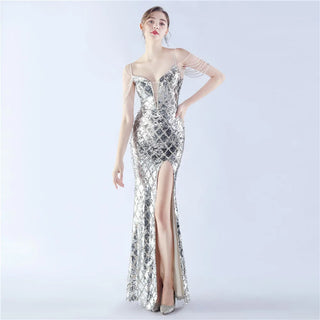 V-Neck Sequin Floor-Length Trumpet Prom Dress