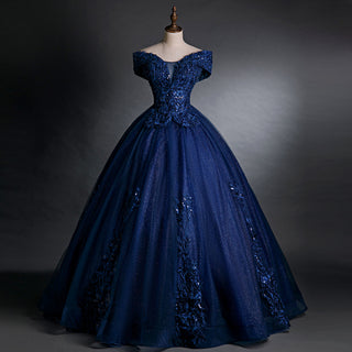 Royal Navy Blue Ball Gown with Off-the-Shoulder Floral Appliques