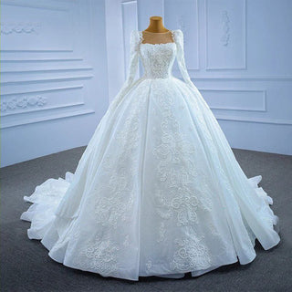 White Elegant Long Sleeve Square Neck Open Back Lace Wedding Dress