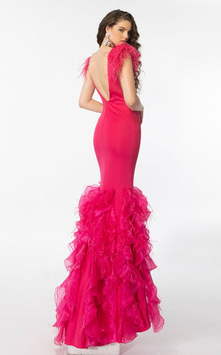 Vibrant Feather-Shoulder Gown with Layered Ruffle Skirt