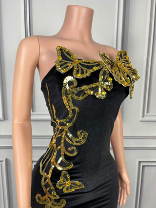 Elegant Black Strapless Gown with Gold Butterfly Embellishments