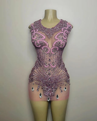 Elegant Sheer Pink Mini Dress with Intricate Crystal Embellishments