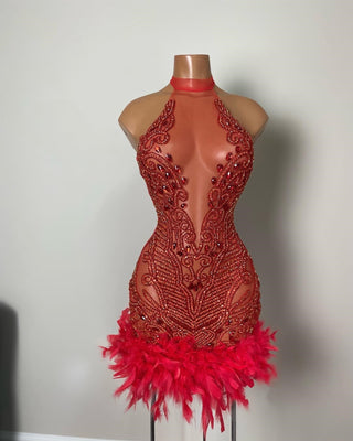 Show-Stopping Red Feathered Mini Dress with Beaded Embellishments