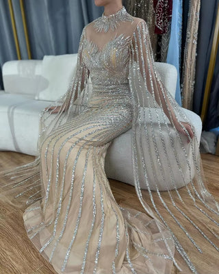 Ships in 2 to 5 Days -  Arabic Nude Mermaid Cape Lace Beaded Long Evening Dresses for Formal Occasion