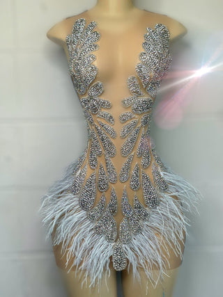 Glamorous Feather and Crystal Beaded Mini Dress with Sheer Panels