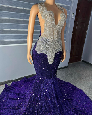 Mermaid Beaded Gown with Plunging Neckline and Sequined Train