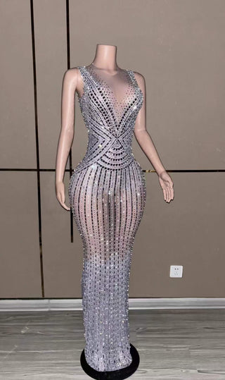 Radiant Silver Rhinestone Mesh Evening Gown