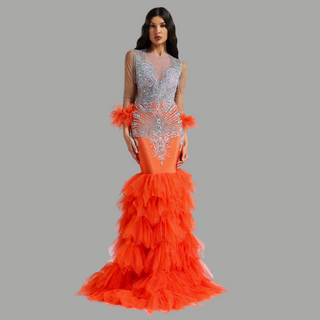 Dazzling Mermaid Gown with Crystal Embellishments and Ruffled Tulle Train