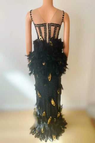 Black Feather Embellished Gown with Beaded Bodice and Sheer Insets