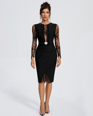 Ships in 1 to 3 Days - Sophisticated Lace Panel Midi Dress with Sheer Sleeves and Crystal Brooch