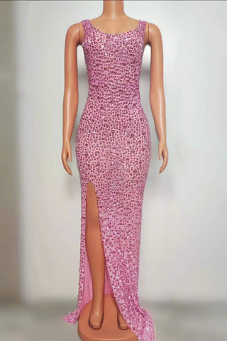 Glittering Sequin High-Slit Gown with Square Neckline