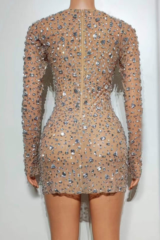 Sparkling Crystal-Embellished Sheer Long Sleeve Mini Dress