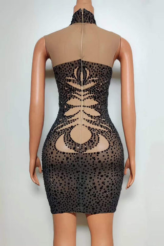 Sheer Illusion Bodycon Mini Dress with Black Sequin Embellishments