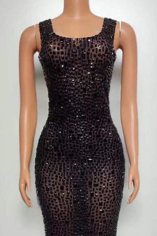 Glamorous Gold Embellished Mini Dress with Square Neckline