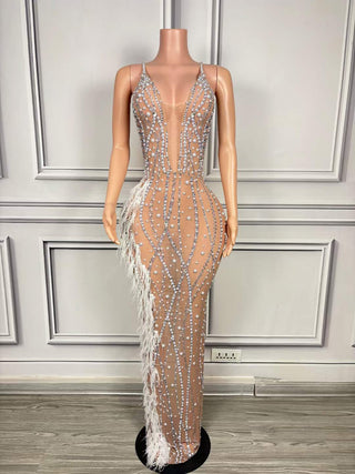 Ships in 1 to 3 Days - Elegant Sheer Nude Gown with Sequin and Feather Embellishments