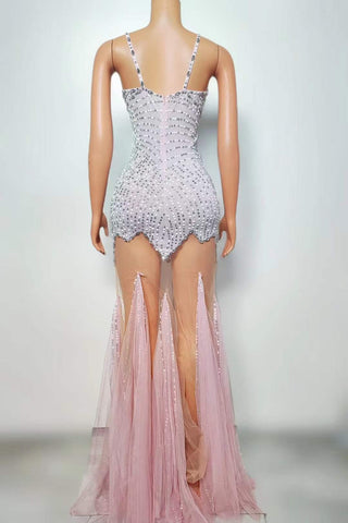 Sparkling Sheer Illusion Gown with Crystal Embellishments and Tulle Train