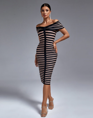 Ships in 1 to 3 Days - Off-Shoulder Striped Knit Midi Dress