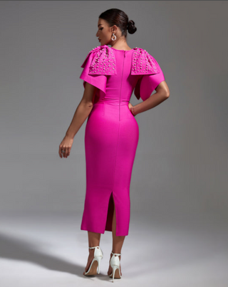 Ships in 1 to 3 Days - Fuchsia Elegance Midi Dress with Statement Embellished Capes