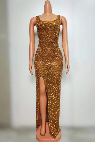 Glittering Sequin High-Slit Gown with Square Neckline