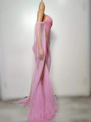 Ethereal Pink Cut-Out Evening Gown with Flowing Tulle Trains