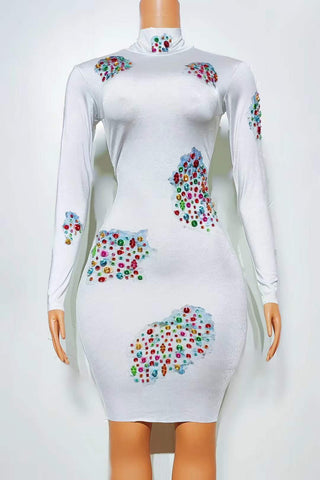 Sophisticated White Bodycon Dress with Colorful Gem Embellishments