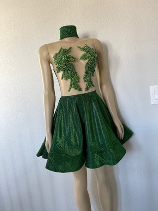 Chic Green Halter Mini Dress with Embellished Bodice and Full Skirt