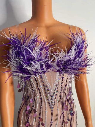 Luxurious Lavender Feather and Sequin Embellished Sheer Midi Dress