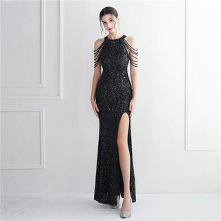 Elegant Red Halter Sequin Evening Dress with Trumpet Mermaid Hem and Floor-Length Skirt