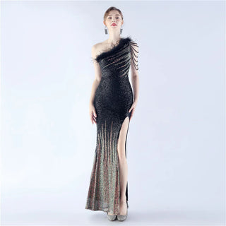 Gradient Sequin One-Shoulder Floor-Length Prom Dress with Ostrich Feathers