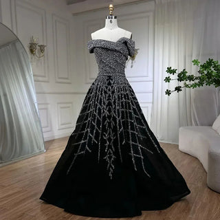 2024 Elegant Black Beaded A-Line Evening Gown: Off-Shoulder Luxury Dress for Women - Long Party Dress