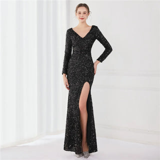 V-Neck Sequin Trumpet Evening Dress with Long Sleeves - Mermaid Formal Gown for Women