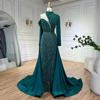 Arabic Green Elegant Mermaid One Shoulder Beaded Luxury Dubai Evening Dresses Gowns For Women Wedding Party