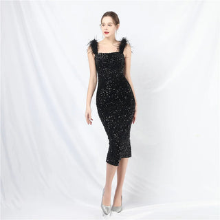 Elegant Square Collar Knee-Length Prom Dress with Sequin Detailing